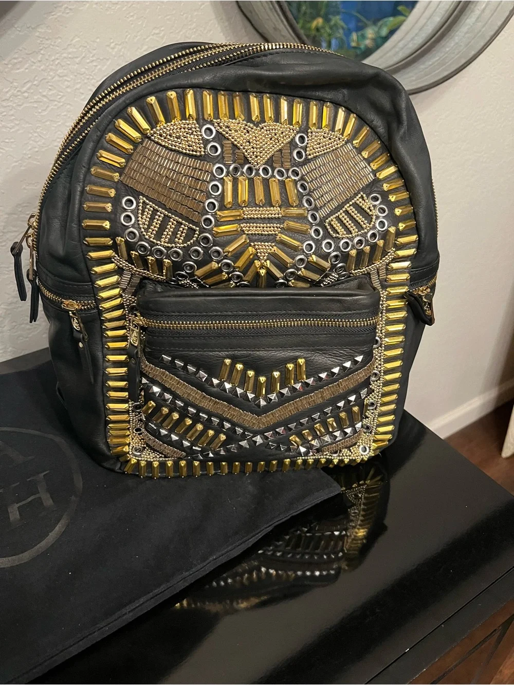 Ash Black Studded Mini Backpack with Gold Hardware